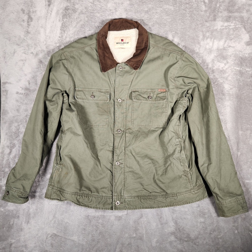 Woolrich Canvas Jacket Mens XXL Olive Green Good Sherpa Lined Corduroy Collar